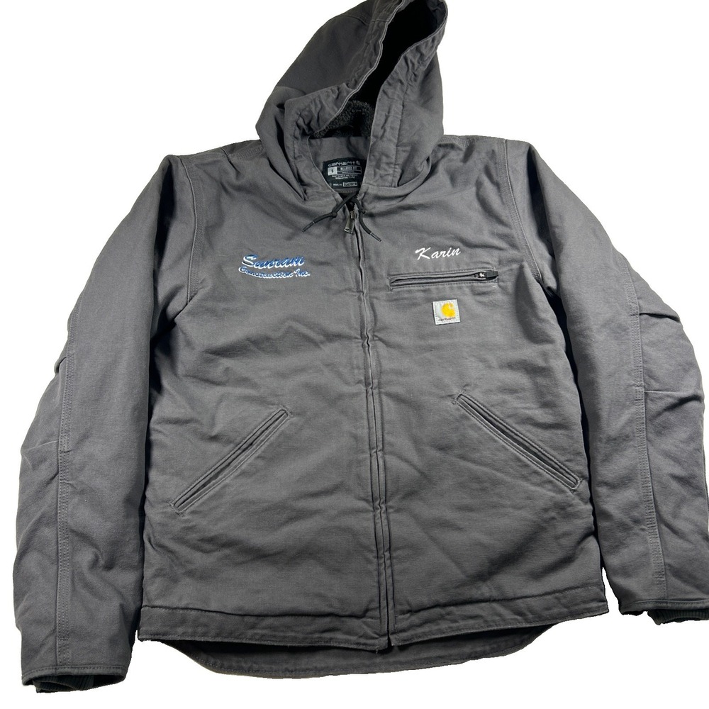 Carhartt Jacket Mens Small Gray Canvas Hooded Full Zip Sherpa Lined Workwear